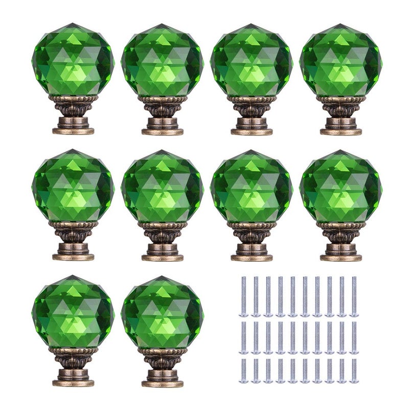 LONGWIN 10 Pack Crystal Kitchen Cabinet Knobs Pulls Handles 30mm Vintage Round Glass Ball Knob for Dresser Drawers Bathroom Cupboard Wardrobe Green - Image 1